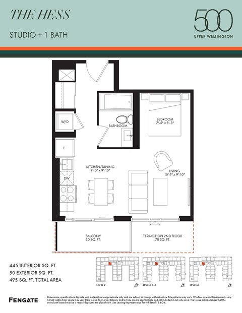 Floor plan for studio, 1 bath, 445 sqft